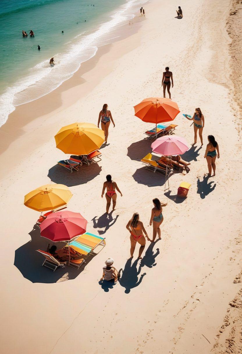 A sunny beach scene featuring diverse individuals of various body types confidently wearing trendy swimwear. Include colorful beach umbrellas, crystal-clear water, and playful beachside activities. Emphasize vibrant summer hues and a joyful atmosphere. Ensure the swimwear showcases different styles and patterns to represent inclusivity. realistic illustration. vibrant colors. summer vibes.