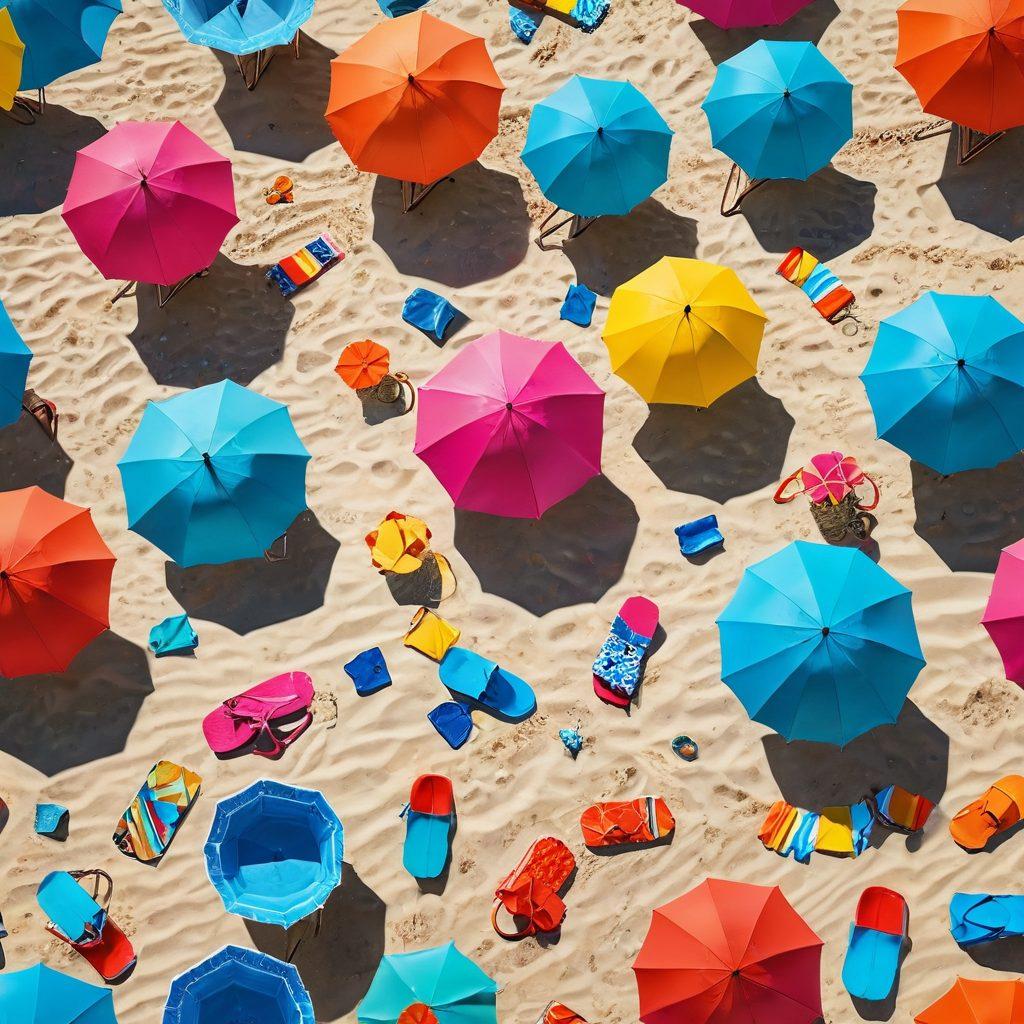 A sun-drenched beach scene with vibrant umbrellas and sunbathers showcasing a variety of trendy bikinis. Include bright tropical flowers and a glittering ocean in the background, capturing the essence of summer relaxation and fashion. Add playful beach toys and a beach volleyball for an energetic vibe. Illustrate a diverse group of models to highlight inclusivity. super-realistic. vibrant colors. summer theme.